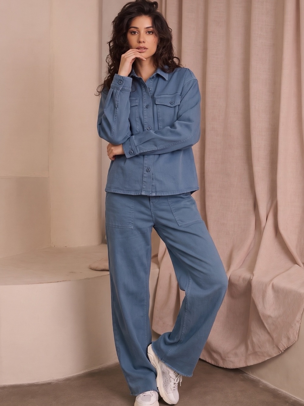 Liverpool Wide-Leg Utility Pants and Shirt Set in Slate Blue